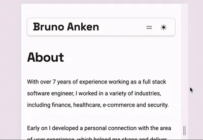 Broken layout of the blog top header and navbar, on small screen sizes the name (Bruno Anken) overflows outside of it&#x27;s parent and the menu and theme switcher buttons
become misaligned.